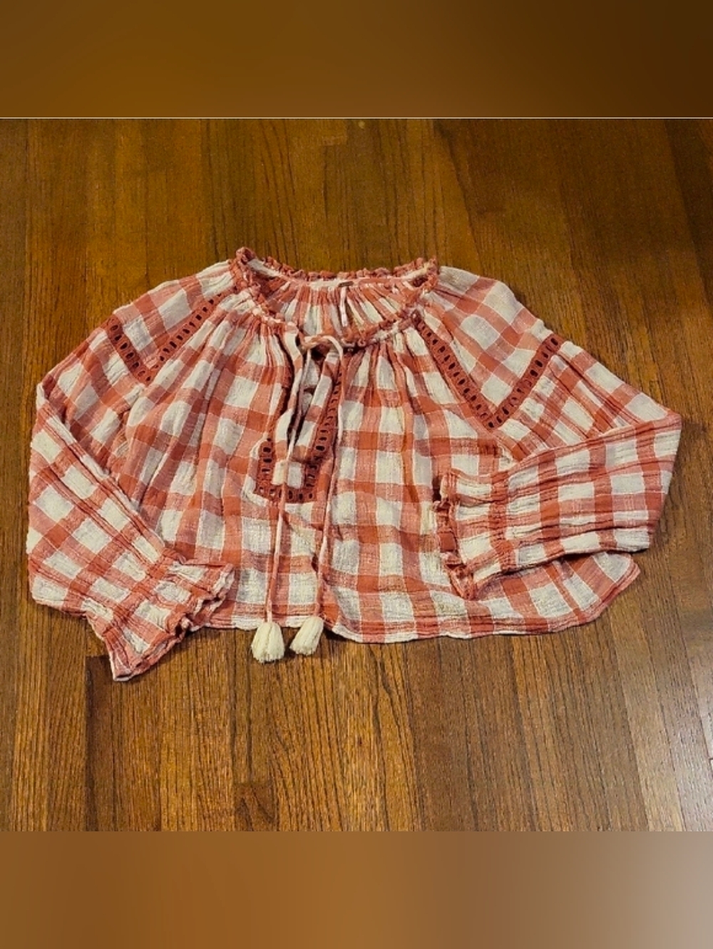 Free People Coral and Cream Plaid Muslin Blouse